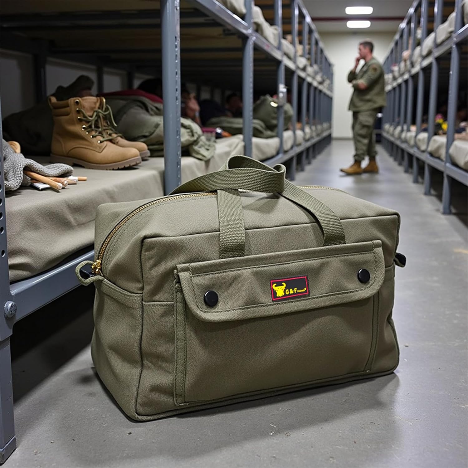 Waxed Canvas All Purpose Military Style Duffle Bag, Water-Resistant, Adjustable Strap, Fully Lined, Double Zipper Closure, heavy Duty, Olive Green - Image 11