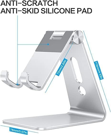 Adjustable Cell Phone Stand, OMOTON Aluminum Desktop Cellphone Stand with Anti-Slip Base and Convenient Charging Port, Fits All Smart Phones, Silver - Image 3