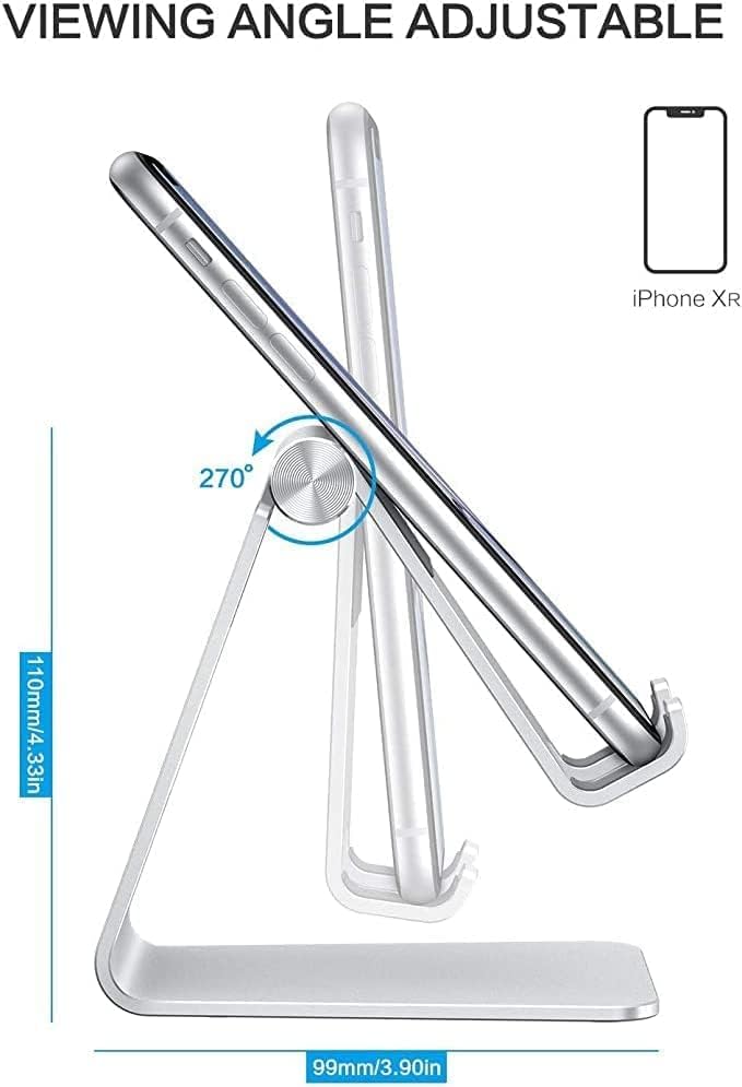 Adjustable Cell Phone Stand, OMOTON Aluminum Desktop Cellphone Stand with Anti-Slip Base and Convenient Charging Port, Fits All Smart Phones, Silver - Image 4