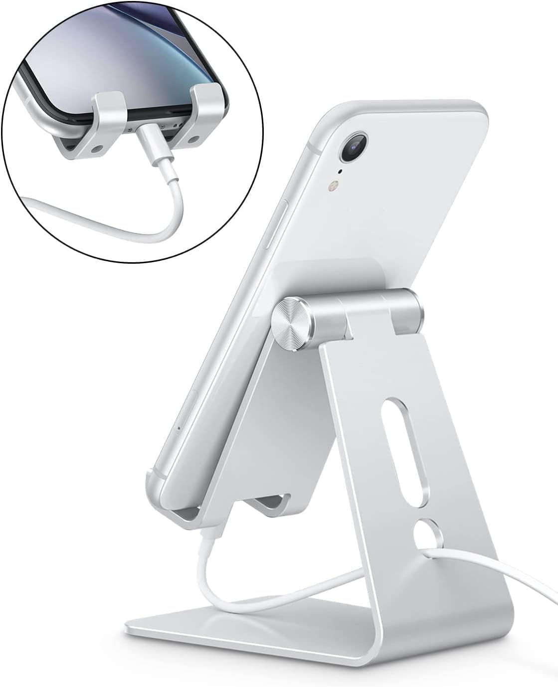 Adjustable Cell Phone Stand, OMOTON Aluminum Desktop Cellphone Stand with Anti-Slip Base and Convenient Charging Port, Fits All Smart Phones, Silver - Image 5