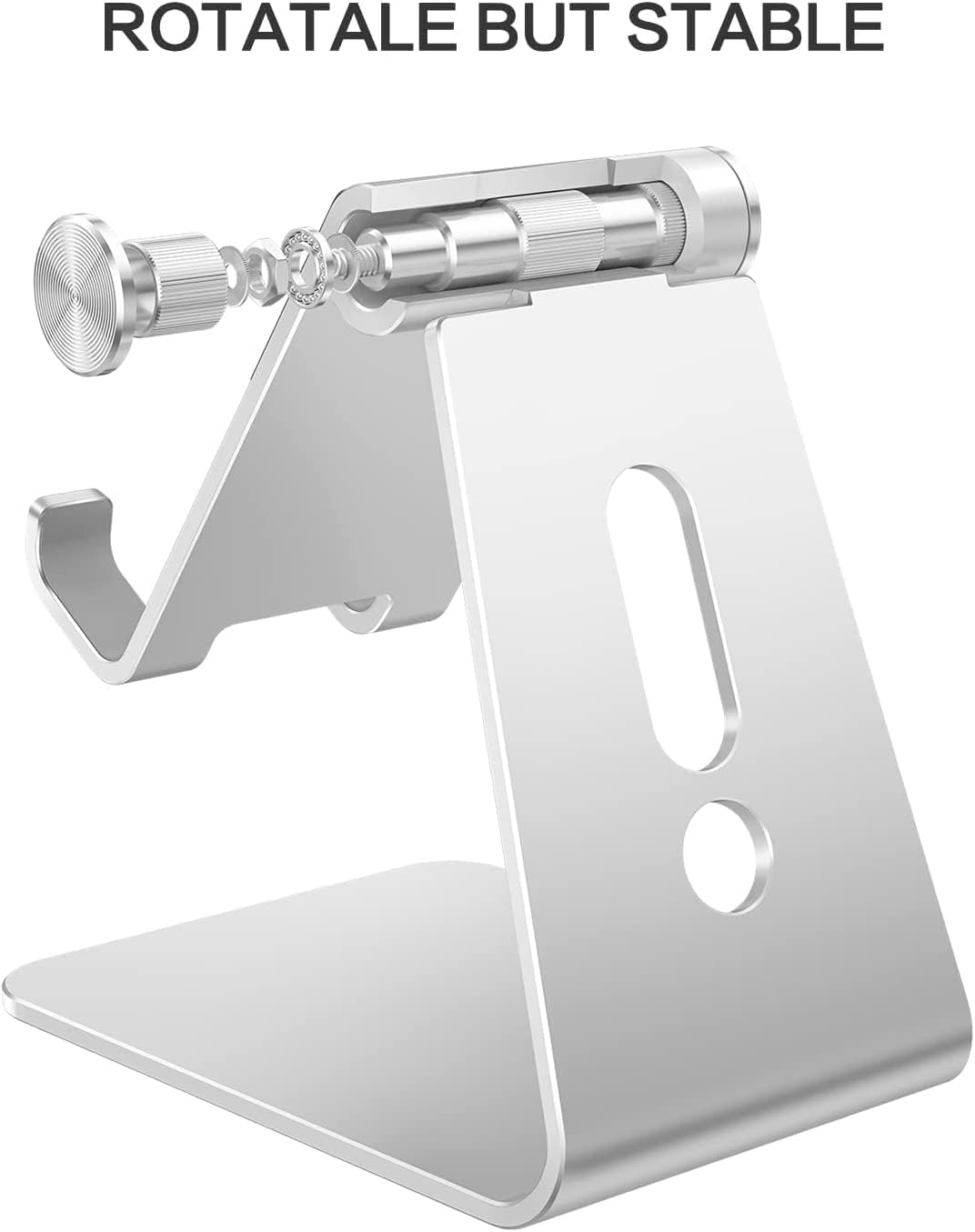 Adjustable Cell Phone Stand, OMOTON Aluminum Desktop Cellphone Stand with Anti-Slip Base and Convenient Charging Port, Fits All Smart Phones, Silver - Image 6