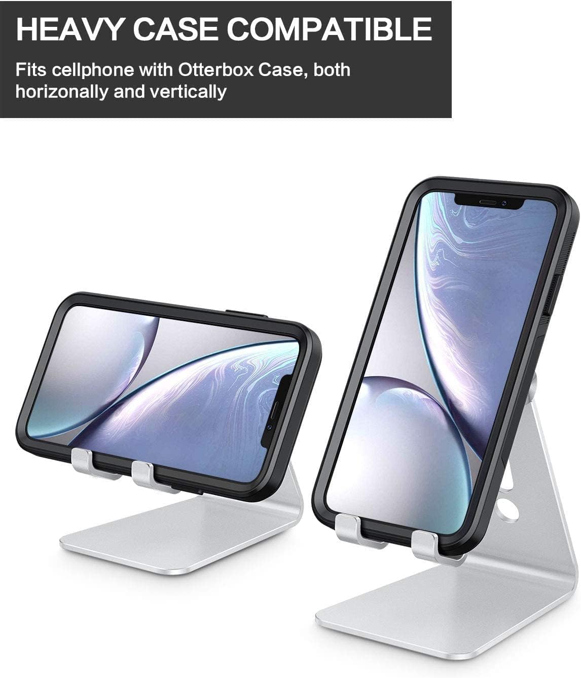 Adjustable Cell Phone Stand, OMOTON Aluminum Desktop Cellphone Stand with Anti-Slip Base and Convenient Charging Port, Fits All Smart Phones, Silver - Image 7
